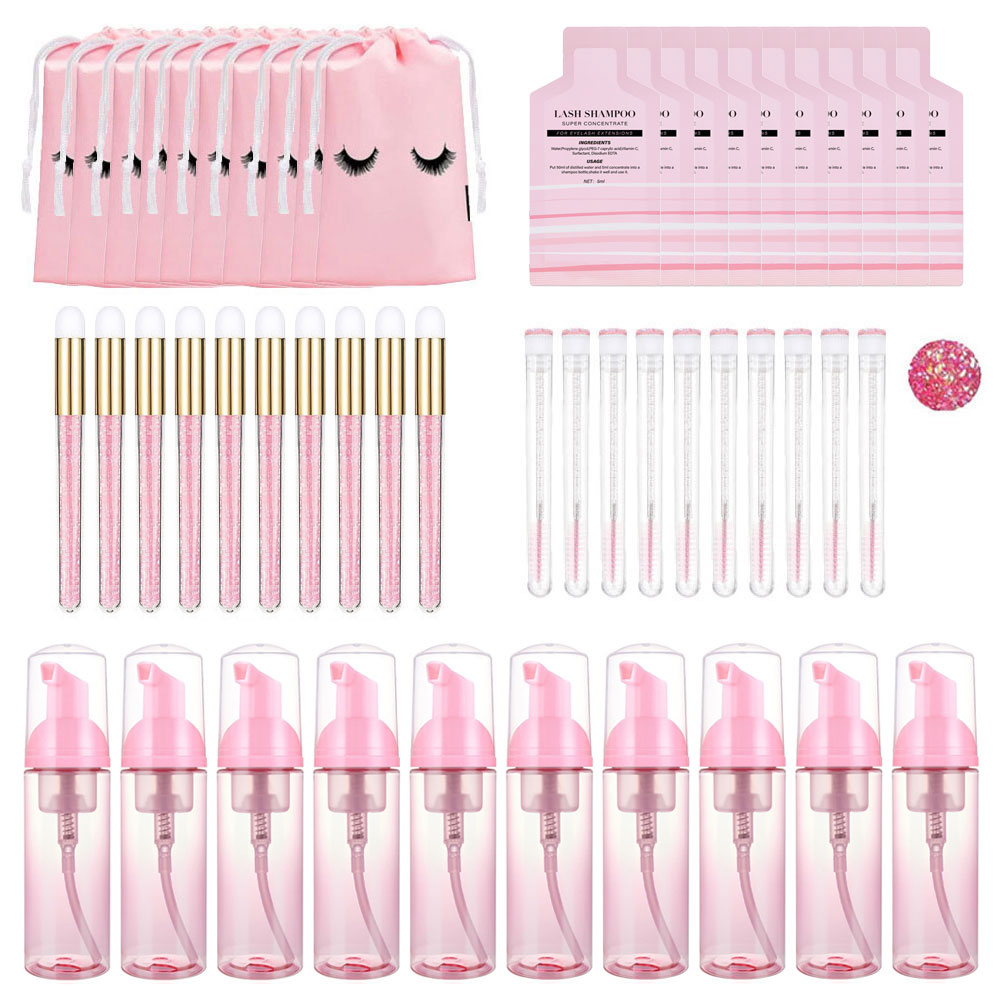 Refill Eyelash Extension - 60 ミリリットル詰め替え可能な漏れ防止空のフォームポンプボトルまつげエクステンションシャンプーキットまつげコームチューブクリーニングブラシ EVA 収納袋